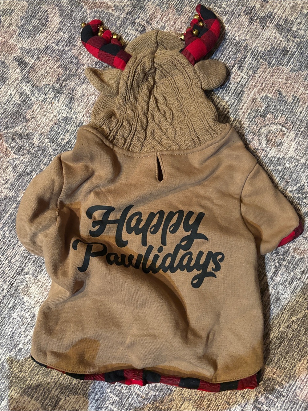Festive Tan Holiday Dog Hoodie with Red Plaid Accents